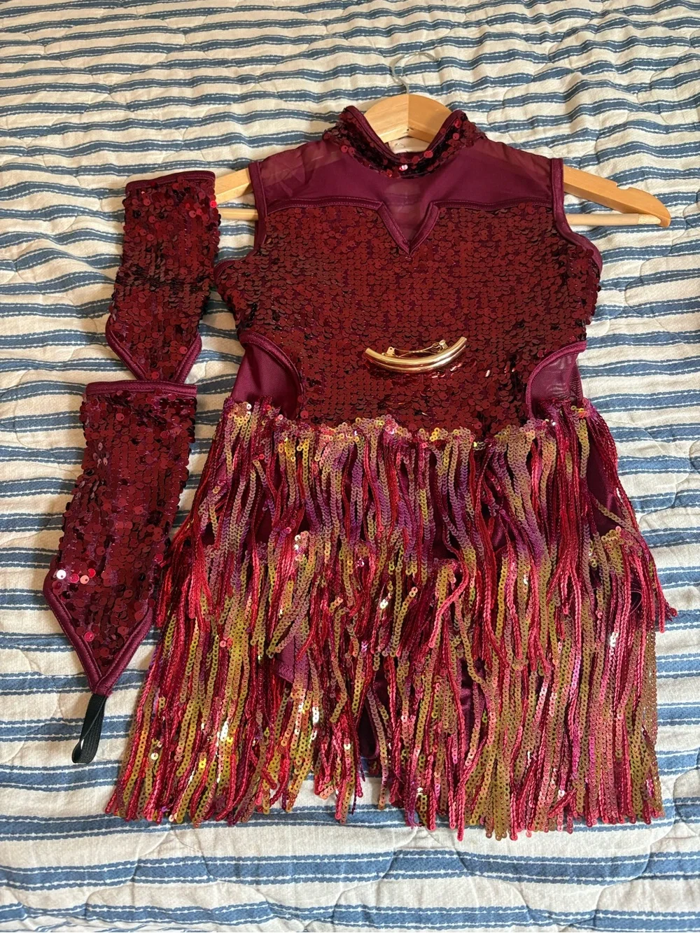 Weissman Burgundy Sequin Fringe Dance costume with Gold Accents